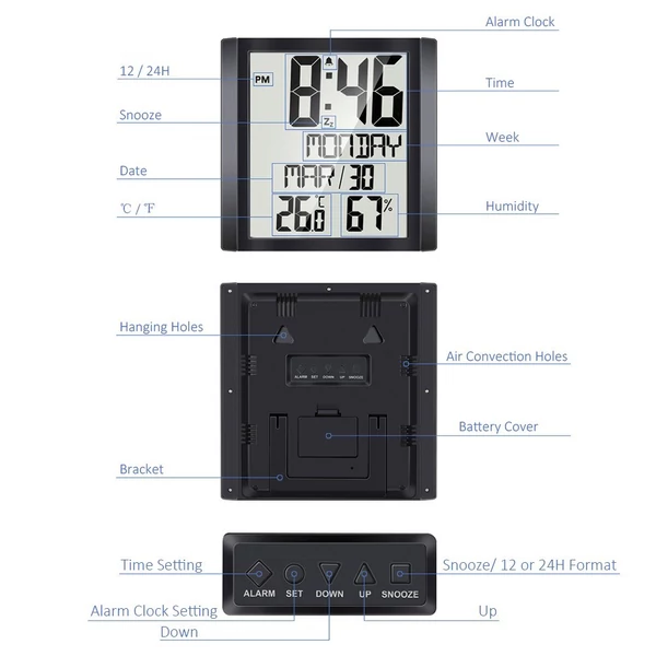 Digitális falióra hőmérséklettel és páratartalommal, 8,6 hüvelykes, nagy kijelző, idő/dátum/heti ébresztőóra és szundi