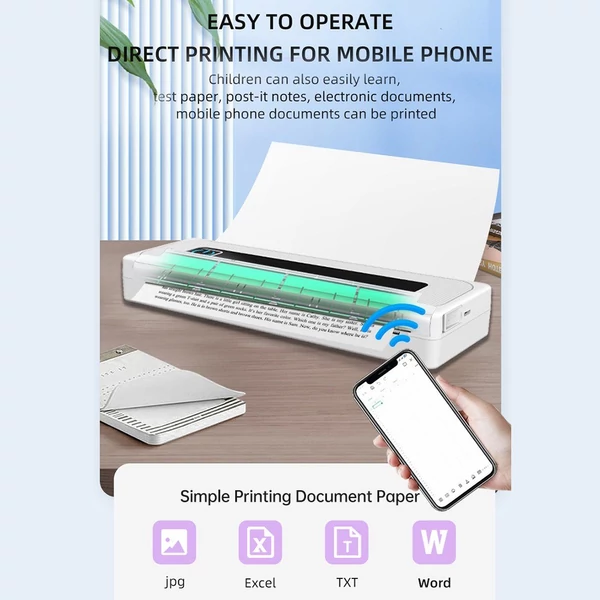 A4-es hordozható vezeték nélküli nyomtató hőpapírnyomtatás utazáshoz, mobil fotónyomtató – 1 db A4-es hőpapírtekercs mellékelve
