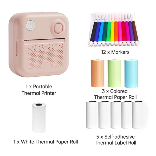 Vezeték nélküli BT mini zsebnyomtató, hordozható azonnali hőnyomtató feliratozógép - Pink, 4 hőpapírtekerccsel (57x26 mm)   + 5db Thermal Label tekercs + 12db jelölő