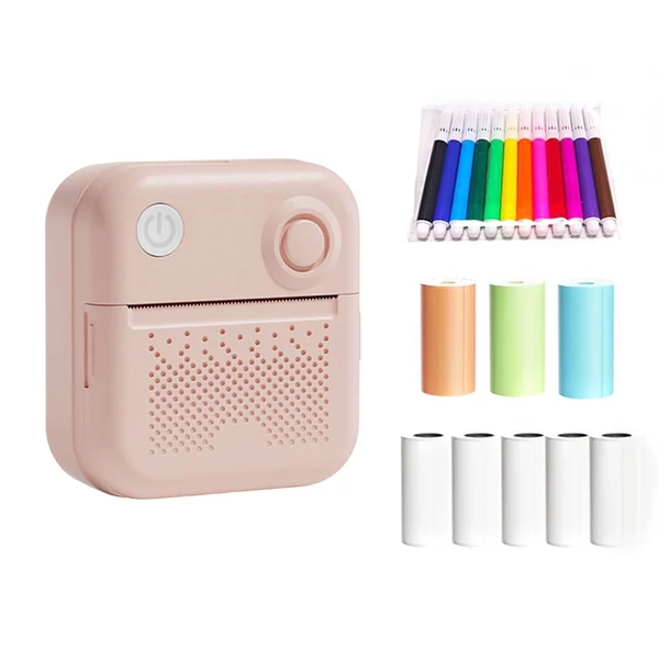 Vezeték nélküli BT mini zsebnyomtató, hordozható azonnali hőnyomtató feliratozógép - Pink, 4 hőpapírtekerccsel (57x26 mm)   + 5db Thermal Label tekercs + 12db jelölő