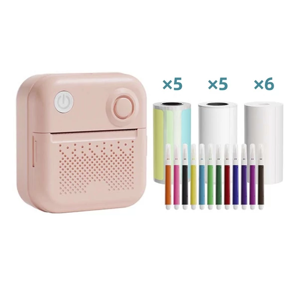 Vezeték nélküli BT mini zsebnyomtató, hordozható azonnali hőnyomtató feliratozógép - Pink, 6 db hőpapírtekerccsel (57x26 mm) + 5 db öntapadó hőpapírtekerccsel + 5 db színes hőcímketekerccsel + 12 db jelölővel