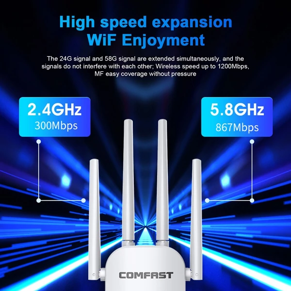 COMFAST 1200 Mbps WiFi átjátszó, 2,4G/5,8G kétsávos vezeték nélküli hatótávolság-bővítő