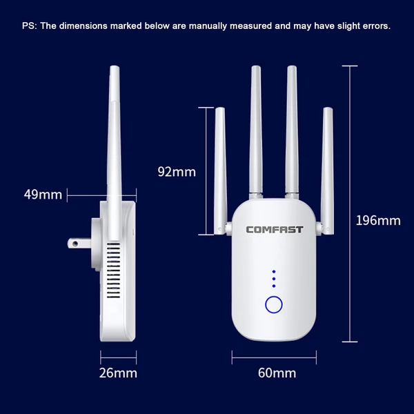 COMFAST 1200 Mbps WiFi átjátszó, 2,4G/5,8G kétsávos vezeték nélküli hatótávolság-bővítő