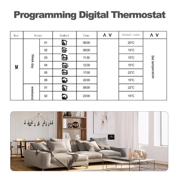 Intelligens termosztát 5+2 programozható energiatakarékos 3A vízmelegítő termosztát LCD kijelzővel – Fehér, normál