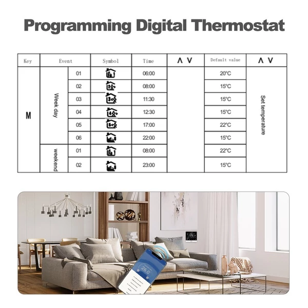 Intelligens termosztát 5+2 programozható energiatakarékos 3A vízmelegítő termosztát LCD kijelzővel - Fehér, WiFi-vel, Tuya hangvezérléssel