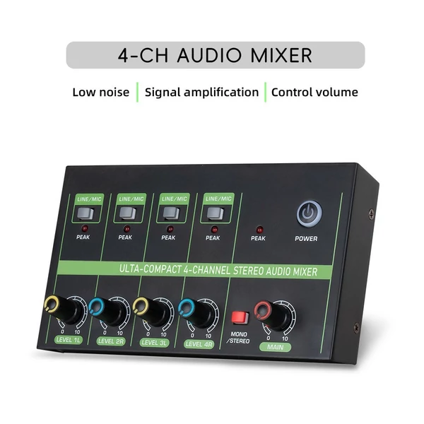 K4 4 csatornás audiokeverő, alacsony zajszintű mono sztereó vonalkeverő vezetékes mikrofonokhoz, elektronikus zongorákhoz, számítógépekhez, gitárokhoz és elektronikus dobokhoz