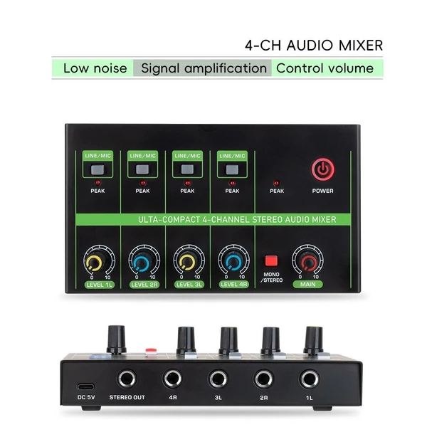 K4 4 csatornás audiokeverő, alacsony zajszintű mono sztereó vonalkeverő vezetékes mikrofonokhoz, elektronikus zongorákhoz, számítógépekhez, gitárokhoz és elektronikus dobokhoz