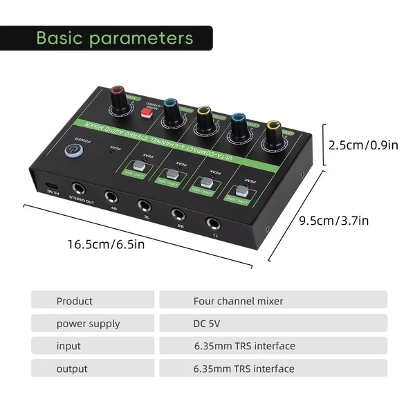 K4 4 csatornás audiokeverő, alacsony zajszintű mono sztereó vonalkeverő vezetékes mikrofonokhoz, elektronikus zongorákhoz, számítógépekhez, gitárokhoz és elektronikus dobokhoz