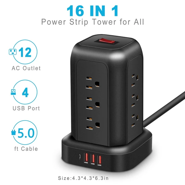 T12 toronycsatlakozós tápegység, 12 aljzat, 3 USB-port, 1 Type-C port, kiváló túlfeszültség-védelem és helytakarékos kialakítás