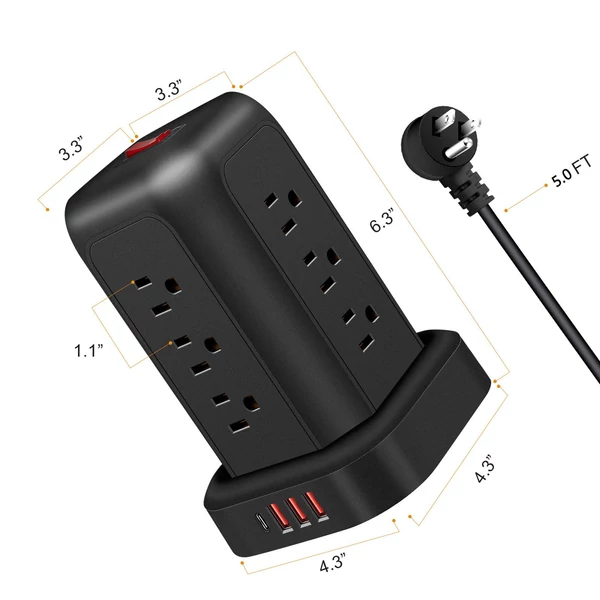 T12 toronycsatlakozós tápegység, 12 aljzat, 3 USB-port, 1 Type-C port, kiváló túlfeszültség-védelem és helytakarékos kialakítás