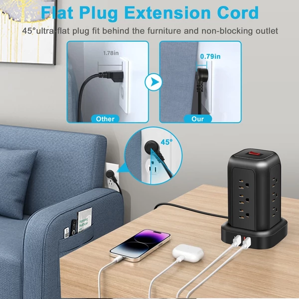 T12 toronycsatlakozós tápegység, 12 aljzat, 3 USB-port, 1 Type-C port, kiváló túlfeszültség-védelem és helytakarékos kialakítás