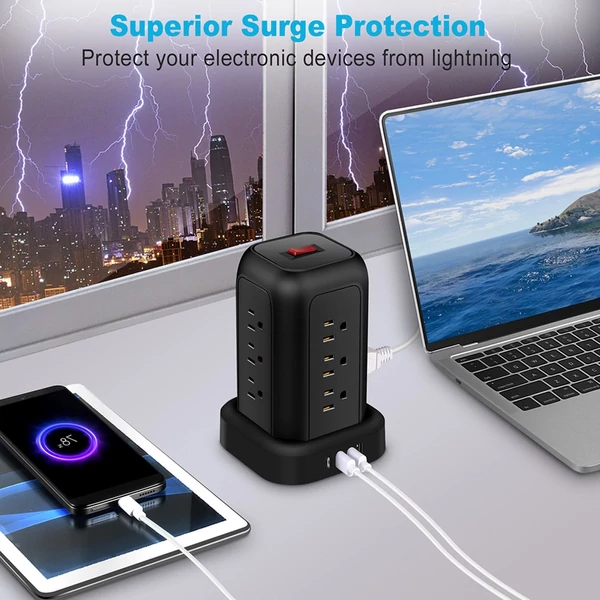 T12 toronycsatlakozós tápegység, 12 aljzat, 3 USB-port, 1 Type-C port, kiváló túlfeszültség-védelem és helytakarékos kialakítás