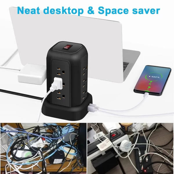 T12 toronycsatlakozós tápegység, 12 aljzat, 3 USB-port, 1 Type-C port, kiváló túlfeszültség-védelem és helytakarékos kialakítás