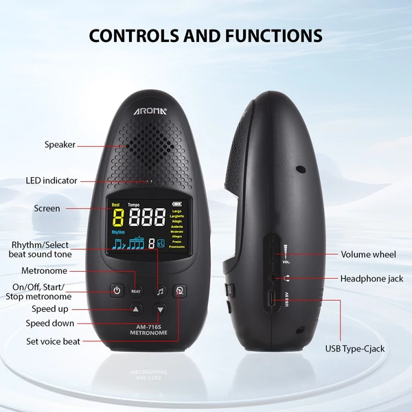 AROMA AM-716S elektronikus metronóm: kompakt, újratölthető és többfunkciós minden zenész számára - Fekete