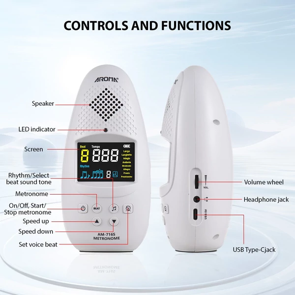 AROMA AM-716S elektronikus metronóm: kompakt, újratölthető és többfunkciós minden zenész számára - Fehér