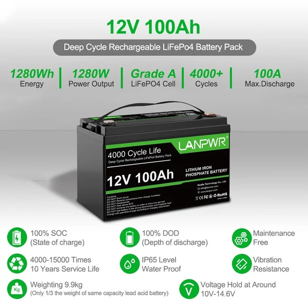 LANPWR 12V 100Ah LiFePO4 lítium akkumulátor, tartalék tápegység, Bluetooth funkcióval, 1280 Wh teljesítmény, 4000+ mélyciklus