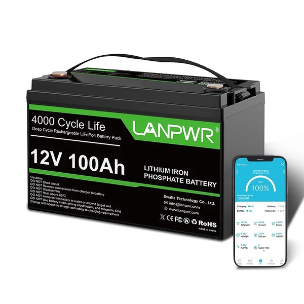 LANPWR 12V 100Ah LiFePO4 lítium akkumulátor, tartalék tápegység, Bluetooth funkcióval, 1280 Wh teljesítmény, 4000+ mélyciklus