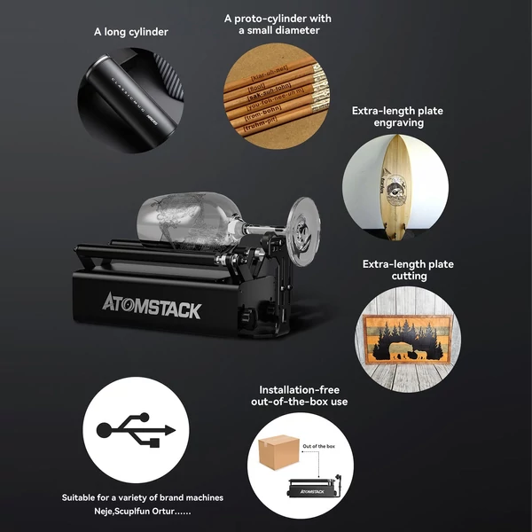 Atomstack S40 Max 40 W-os lézergravírozó Dual Air Assist pumpával és R3 Pro hengerrel és AC1 kamerával és 400x400mm-es méhsejt munkaasztallal