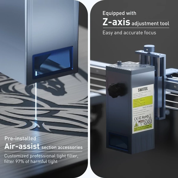 Swiitol C18 Pro 18 W lézergravírozó 400x400 mm-es méhsejt munkaasztallal és 4 az 1-ben Y-tengelyes forgóhengerrel, valamint 8 db magasított lábpárnával és légsegéd készlettel