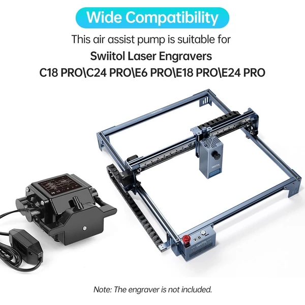 Swiitol E24 Pro 24 W integrált szerkezetű lézergravírozó 400x400 mm-es méhsejt munkaasztallal és légsegéd szivattyúval, valamint 4 az 1-ben Y-tengelyes forgóhengerrel és 8 db magasított talpbetéttel