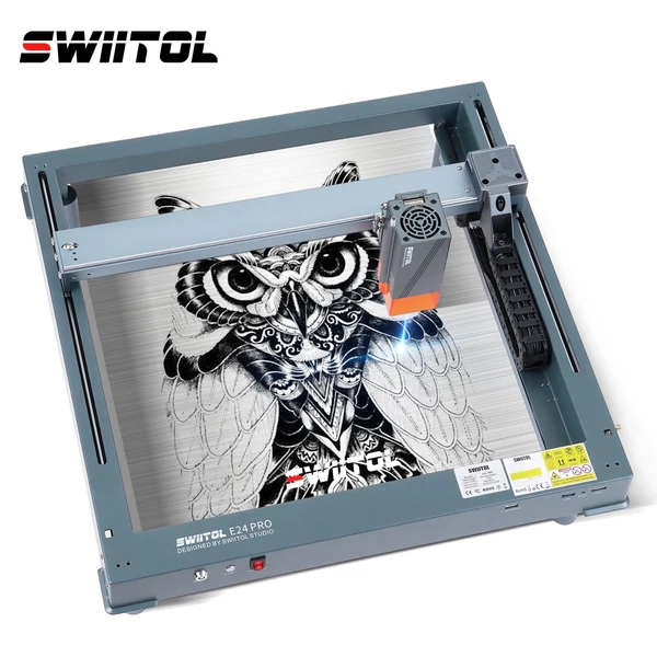 Swiitol E24 Pro 24 W integrált szerkezetű lézergravírozó 400x400 mm-es méhsejt munkaasztallal és légsegéd szivattyúval, valamint 4 az 1-ben Y-tengelyes forgóhengerrel és 8 db magasított talpbetéttel