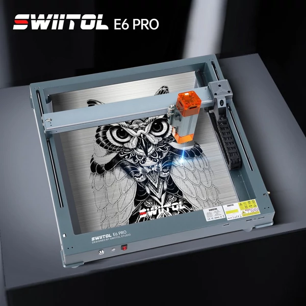 Swiitol E6 Pro 6 W integrált szerkezetű lézergravírozó 400x400 mm-es méhsejt munkaasztallal és 4 az 1-ben Y-tengelyes forgóhengerrel, valamint 8 db magasított lábpárnával és légsegéd készlettel