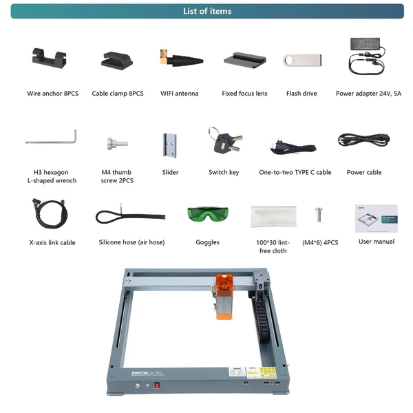 Swiitol E6 Pro 6 W integrált szerkezetű lézergravírozó 400x400 mm-es méhsejt munkaasztallal és 4 az 1-ben Y-tengelyes forgóhengerrel, valamint 8 db magasított lábpárnával és légsegéd készlettel