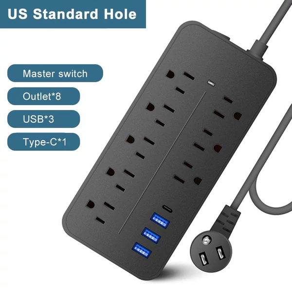 EL-08 dugaszoló elosztó túlfeszültségvédő 8 kimenettel és 4 USB porttal, 1700J, 2000W/10A, ETL listás, tűzálló, túlterhelés elleni védelem, otthoni irodai garázshoz - Fekete