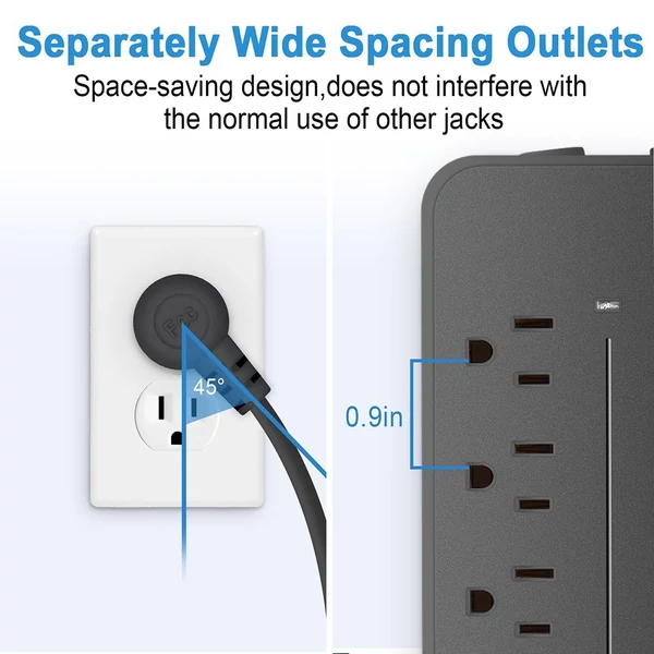 EL-08 dugaszoló elosztó túlfeszültségvédő 8 kimenettel és 4 USB porttal, 1700J, 2000W/10A, ETL listás, tűzálló, túlterhelés elleni védelem, otthoni irodai garázshoz - Fehér