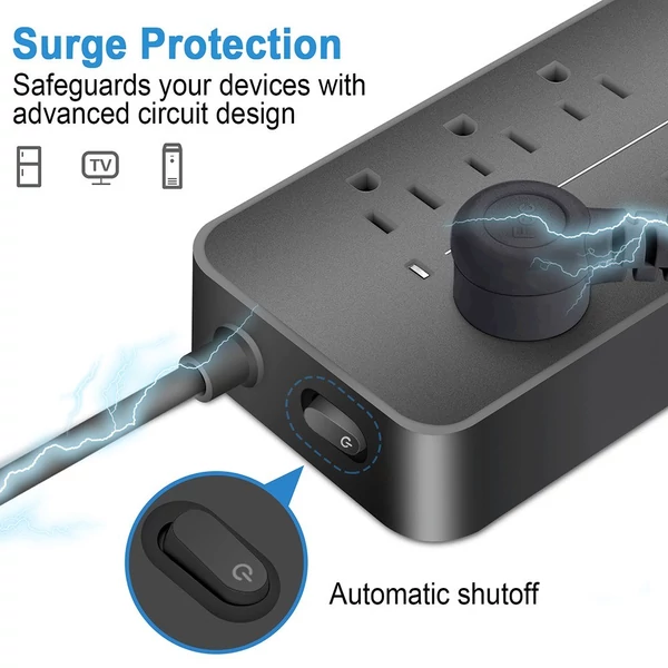 EL-08 dugaszoló elosztó túlfeszültségvédő 8 kimenettel és 4 USB porttal, 1700J, 2000W/10A, ETL listás, tűzálló, túlterhelés elleni védelem, otthoni irodai garázshoz - Fehér