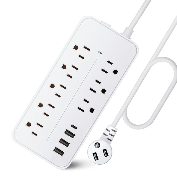 EL-08 dugaszoló elosztó túlfeszültségvédő 8 kimenettel és 4 USB porttal, 1700J, 2000W/10A, ETL listás, tűzálló, túlterhelés elleni védelem, otthoni irodai garázshoz - Fehér