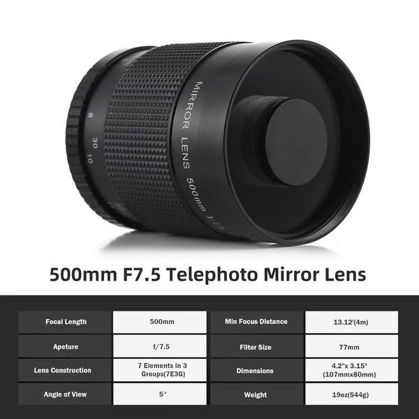 500 mm-es F/7.5 telefotó tükörreflexes objektív T-tartó csere Canon, Nikon, Sony, Fujifilm, Olympus számára