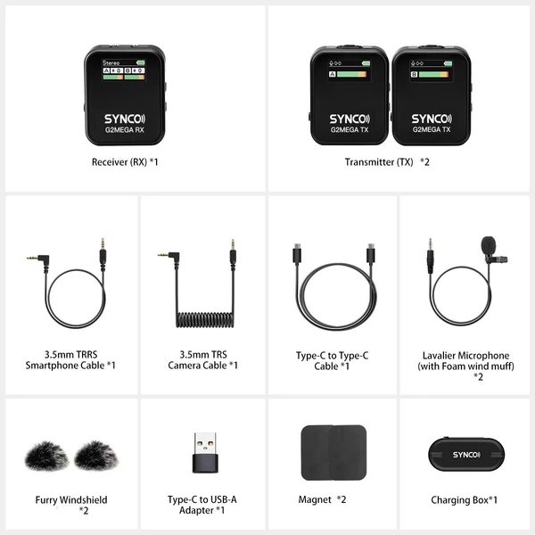 SYNCO G2MEGA 1-trigger-2 2,4G vezeték nélküli mikrofonrendszer, rácsatolható mikrofon - 2 adóval