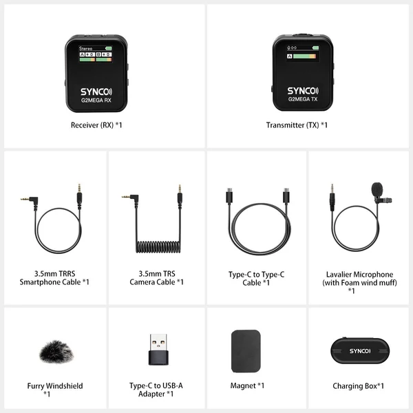 SYNCO G2MEGA 1-trigger-2 2,4G vezeték nélküli mikrofonrendszer, rácsatolható mikrofon - 1 adóval