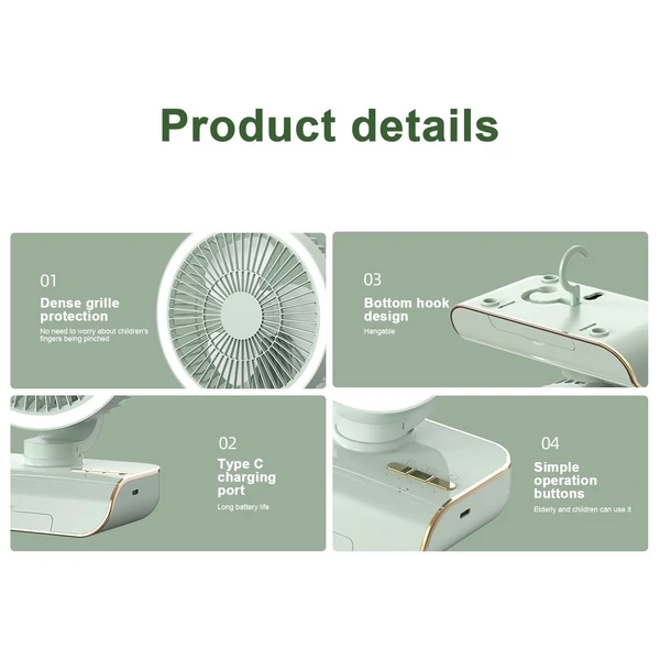 Asztali többfunkciós ventilátor USB újratölthető ventilátor, automatikus ventilátor (4000 mAh akkumulátor) - Zöld