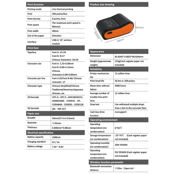 Hordozható mini nyugta hőnyomtató 58 mm, vezeték nélküli BT, USB csatlakozás, 203 dpi - 2 db hőpapír tekercs