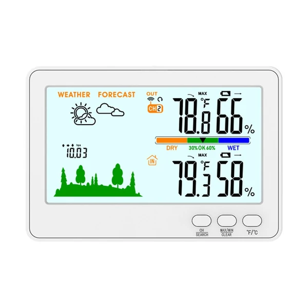 Beltéri kültéri hőmérő nedvességmérő 433 MHz vezeték nélküli időjárásjelző állomás LCD háttérvilágítással - Fehér