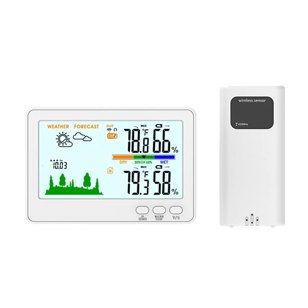 Beltéri kültéri hőmérő nedvességmérő 433 MHz vezeték nélküli időjárásjelző állomás LCD háttérvilágítással - Fehér