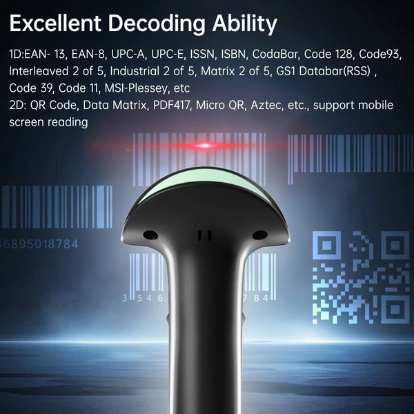 Vezeték nélküli 2D 1D vonalkód-leolvasó BT+2.4G+USB vezetékes csatlakozású, nagy sebességű szkennelés – talapzat nélkül