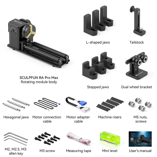 SCULPFUN RA Pro Max 4 az 1-ben forgó tokmány lézergravírozóhoz, Y tengelyű többfunkciós forgóhenger