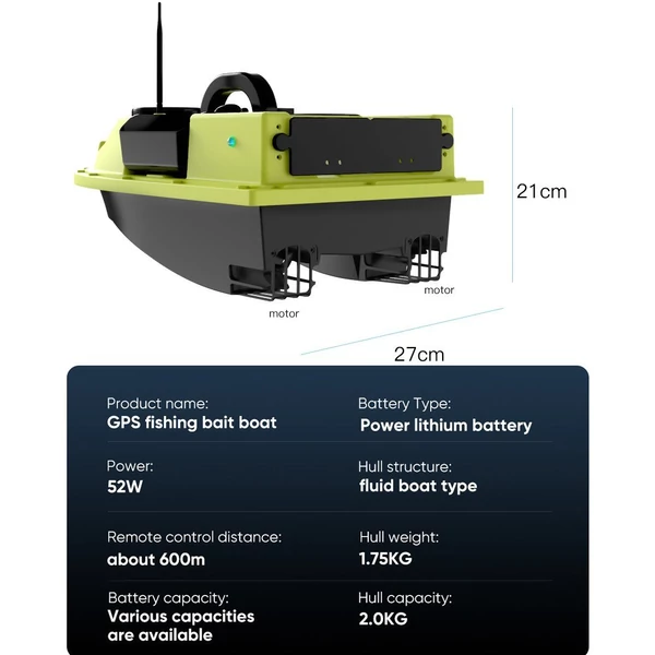 99 csalihely GPS RC csalicsónak, 500 méteres hatótávú vezeték nélküli távirányító - Sárga, 12000 mAh akkumulátor