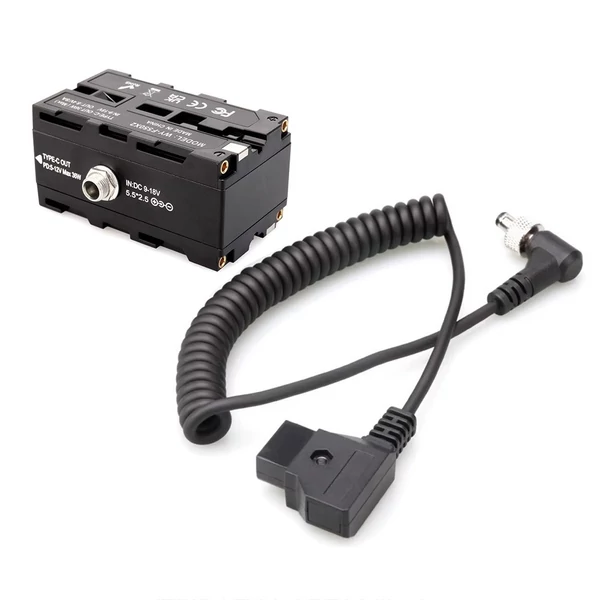 Kétoldalas NP-F550/570/770/970 dummy akkumulátoros tápadapter 5-12V Type-C kimenetű, rugalmas rugós kábellel – D-Tap-ról DC-re