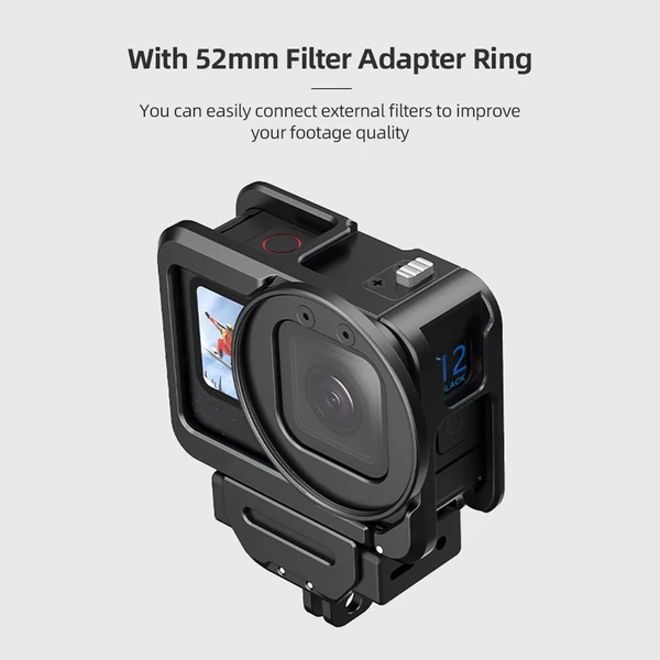 Akciókamera videokalitka, fém Vlog-tok, védőház hidegpapuccsal, 52 mm-es szűrőadapter