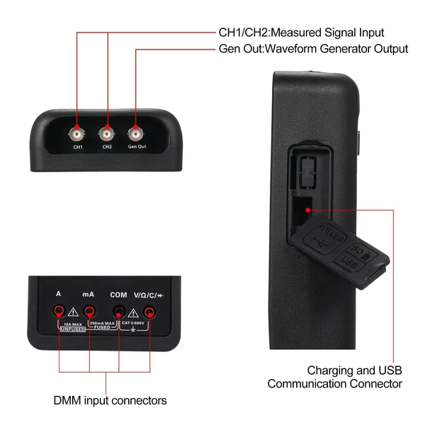 Hantek 2 az 1-ben kézi digitális oszcilloszkóp + multiméter, kétcsatornás USB távmérő