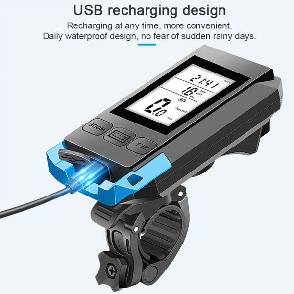 Többfunkciós, teljes képernyős háttérvilágítású kerékpáros vízálló sebességmérő fénnyel és kürttel - Kék