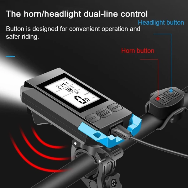 Többfunkciós, teljes képernyős háttérvilágítású kerékpáros vízálló sebességmérő fénnyel és kürttel - Kék