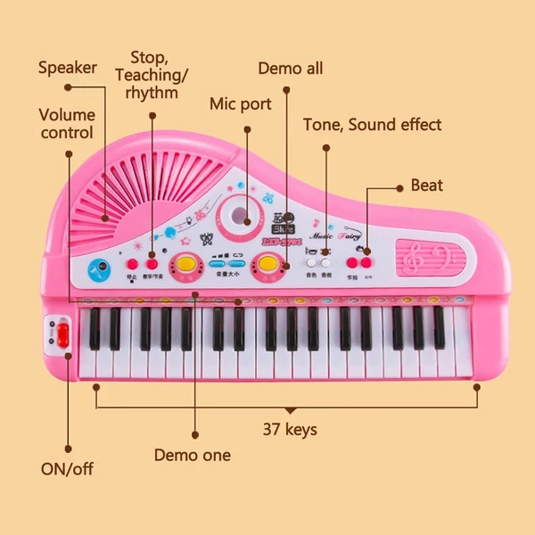 37 billentyű gyerekeknek, zenés zongora, elektronikus zongora mikrofonnal - Pink