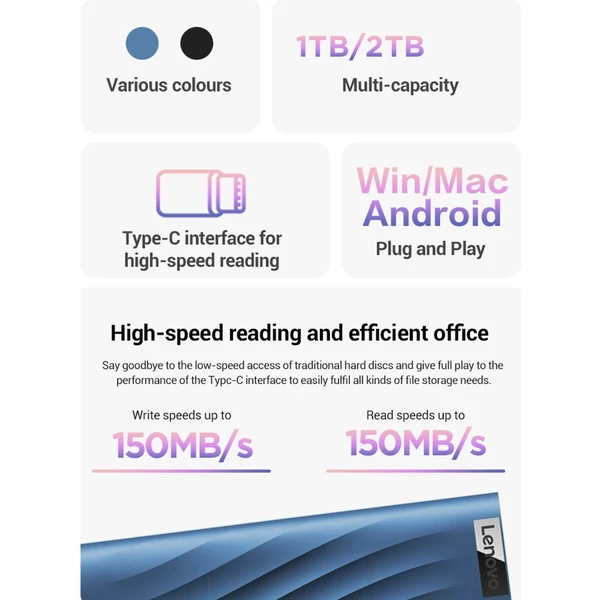 Lenovo F309 Lite hordozható merevlemez SSD – ultragyors, nagy kapacitású mobil tárolási megoldás - Fekete, 2TB