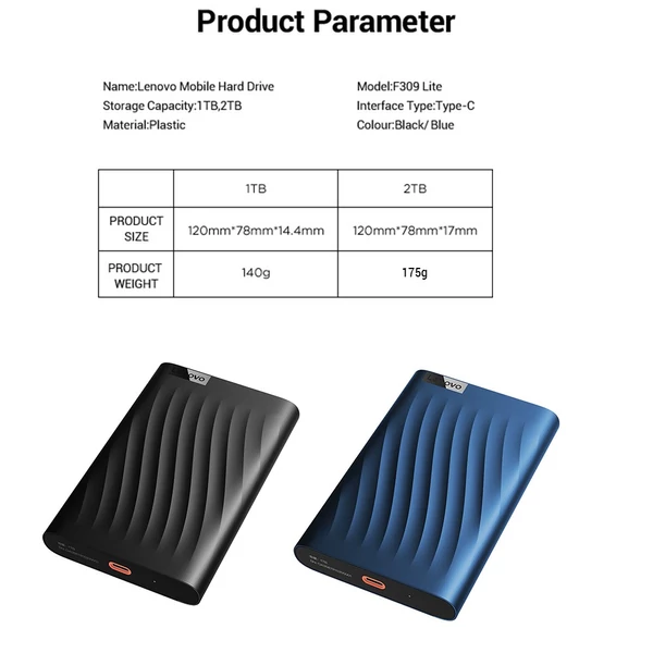Lenovo F309 Lite hordozható merevlemez SSD – ultragyors, nagy kapacitású mobil tárolási megoldás - Fekete, 2TB