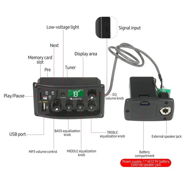 JOYO EQ-MP3 3 sávos EQ hangszínszabályzó rendszer, akusztikus gitár előerősítő